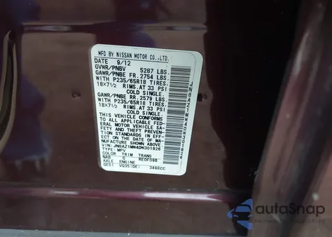 2013 Nissan Murano Sl from USA, damaged, VIN JN8AZ1MW4DW301926